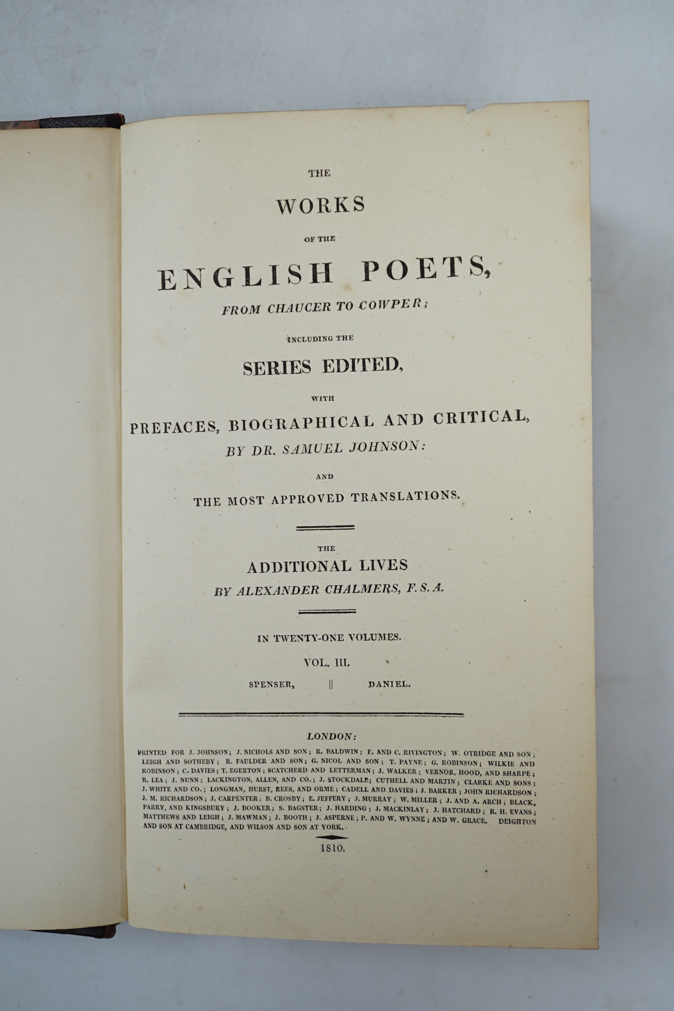 Johnson, Samuel - English Poets, Works, vols 5 - 21 only, half morocco, London 1810